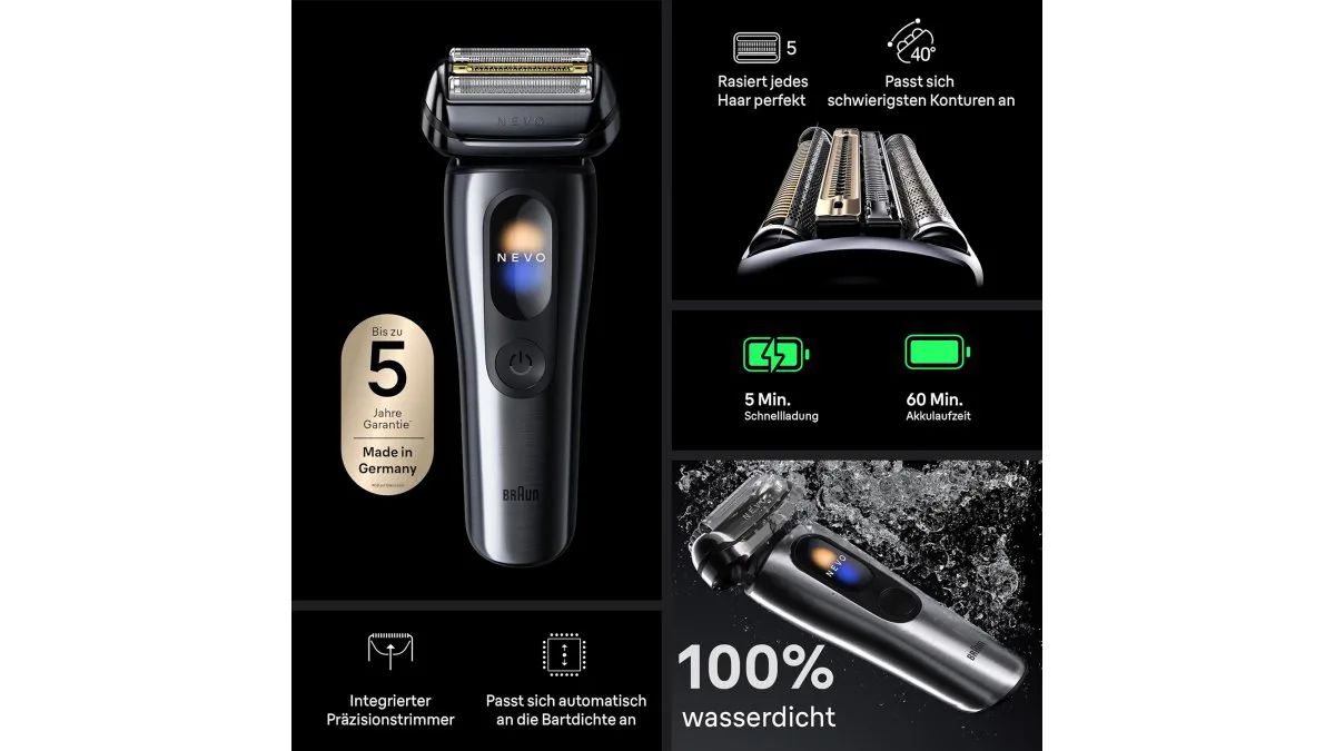 Braun NEVO Rasierer in Silber, kompaktes Gehäuse und Folienkopf deutlich sichtbar – weitere Produktansicht 5