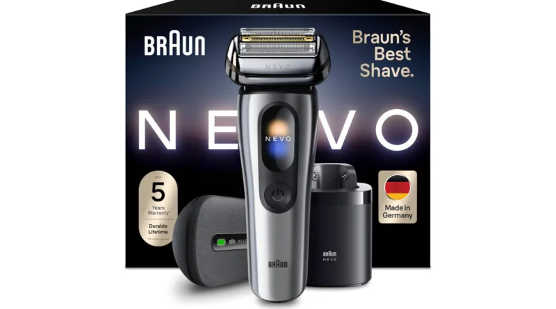 Braun NEVO Rasierer in Silber, kompaktes Gehäuse und Folienkopf deutlich sichtbar