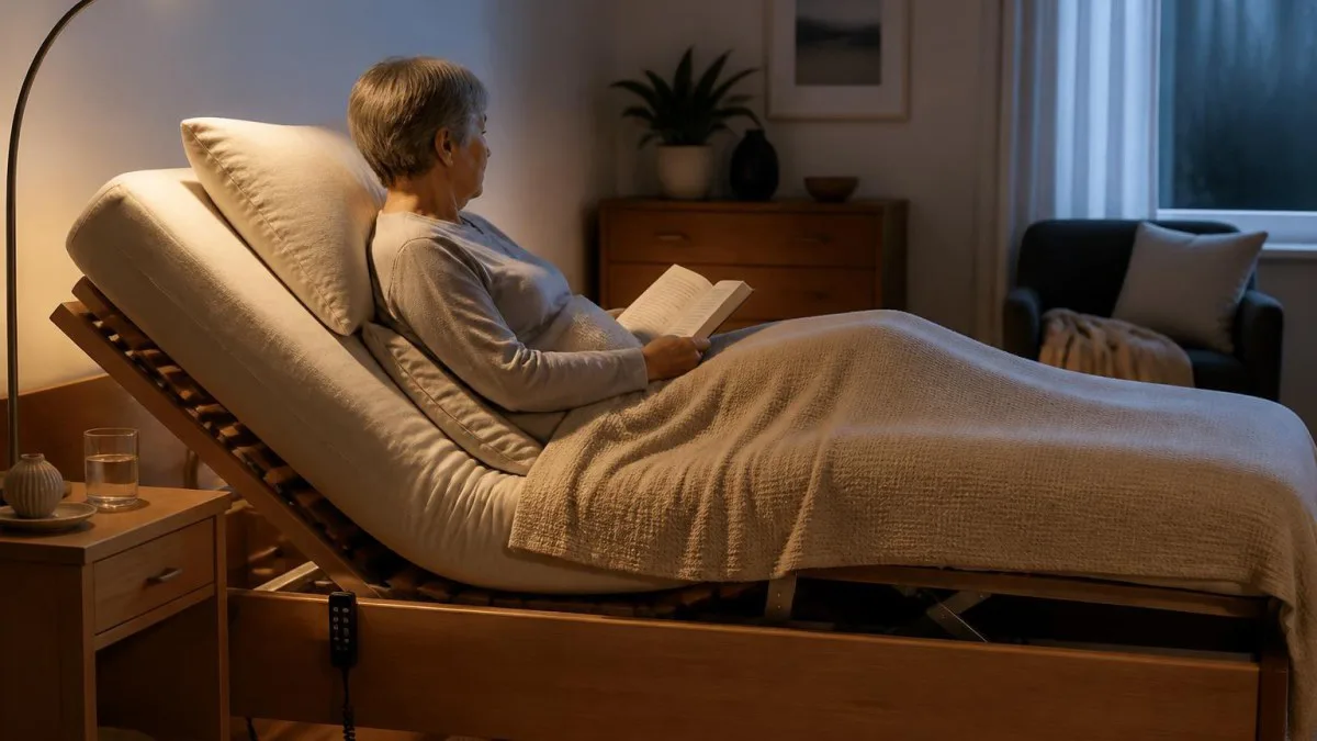Person liest im Bett mit erhobenem Kopfteil, komfortable Leseposition