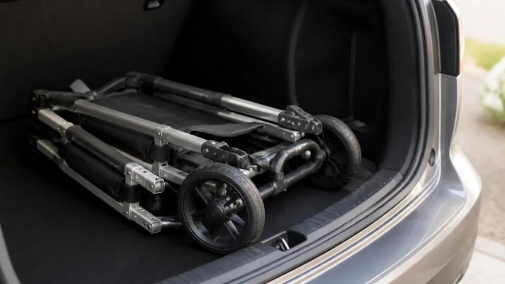 Gefalteter klappbarer Rollator im geöffneten Kofferraum, kompakt verstaut