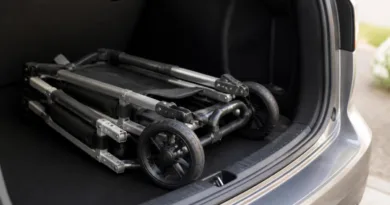 Gefalteter klappbarer Rollator im geöffneten Kofferraum, kompakt verstaut