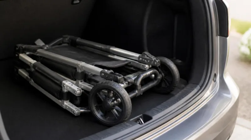 Gefalteter klappbarer Rollator im geöffneten Kofferraum, kompakt verstaut