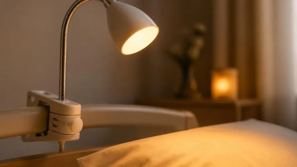 Seniorengerechte Klemmlampe am Pflegebett mit warmem Licht