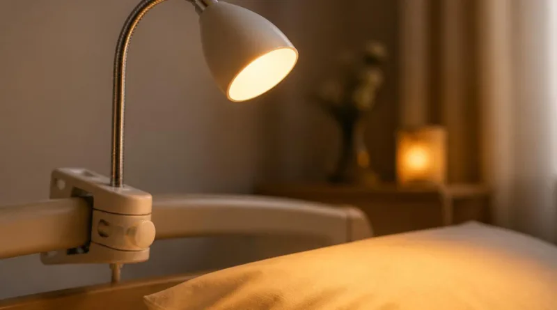 Seniorengerechte Klemmlampe am Pflegebett mit warmem Licht
