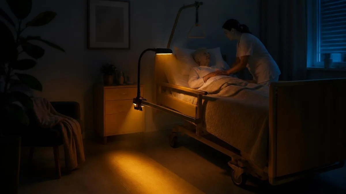 Amber Nachtlicht einer Klemmlampe schafft Orientierung im dunklen Schlafzimmer
