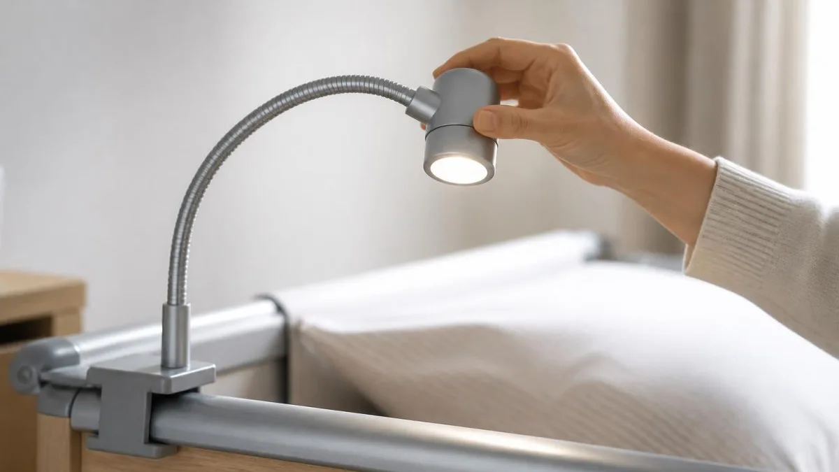 Hand richtet flexiblen Schwanenhals einer Klemmlampe aus, Fokus auf Beweglichkeit
