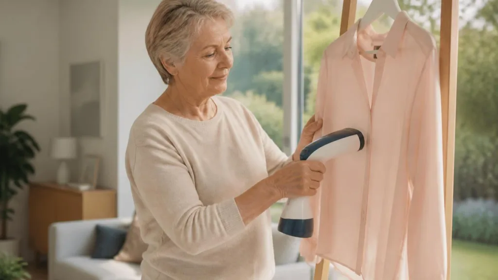 Seniorin glättet eine Bluse mit einem kompakten Handsteamer in hellem Wohnzimmer