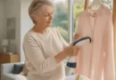Seniorin glättet eine Bluse mit einem kompakten Handsteamer in hellem Wohnzimmer