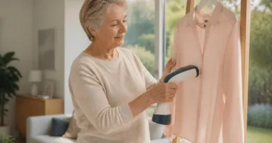 Seniorin glättet eine Bluse mit einem kompakten Handsteamer in hellem Wohnzimmer