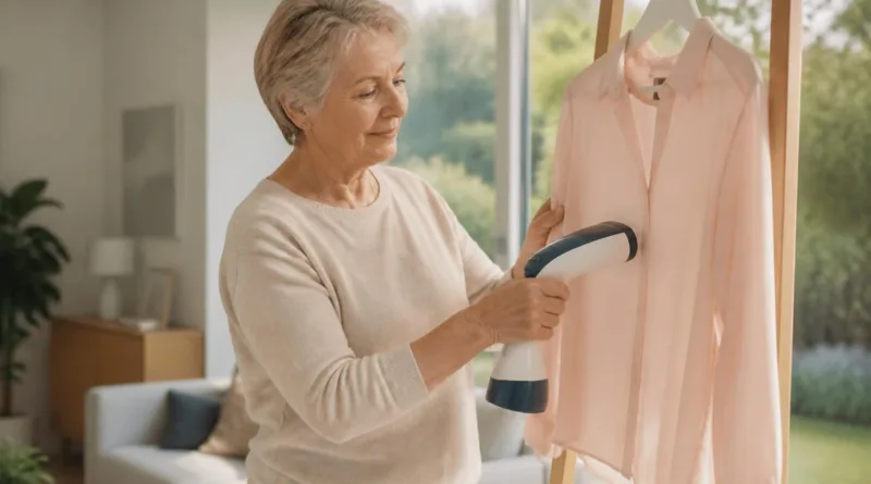 Seniorin glättet eine Bluse mit einem kompakten Handsteamer in hellem Wohnzimmer