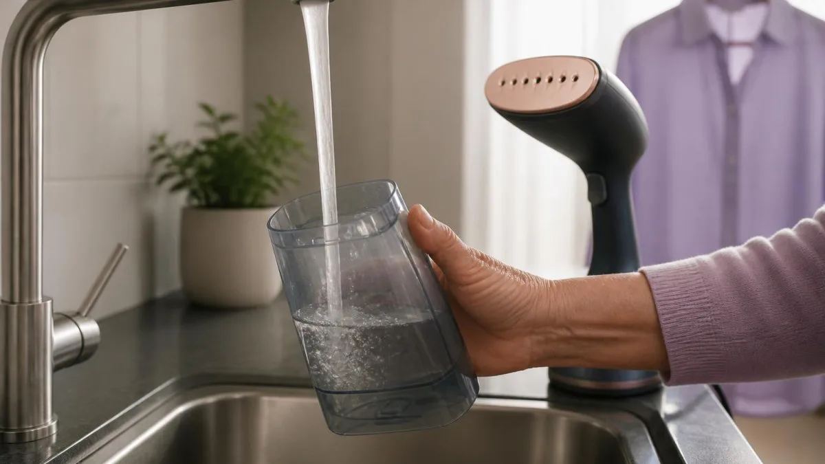 Hand füllt abnehmbaren Wassertank eines Steamers unter dem Wasserhahn