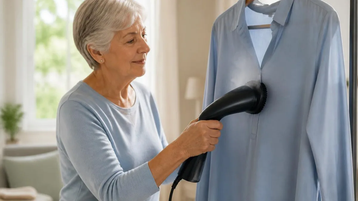 Seniorin verwendet Steamer an hängender Bluse mit StyleMat