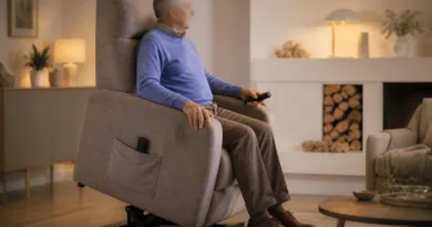 Älterer Mann in elektrischem Relaxsessel mit leicht erhobener Sitzposition durch Aufstehhilfe im hellen Wohnzimmer
