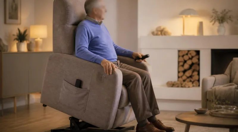 Älterer Mann in elektrischem Relaxsessel mit leicht erhobener Sitzposition durch Aufstehhilfe im hellen Wohnzimmer