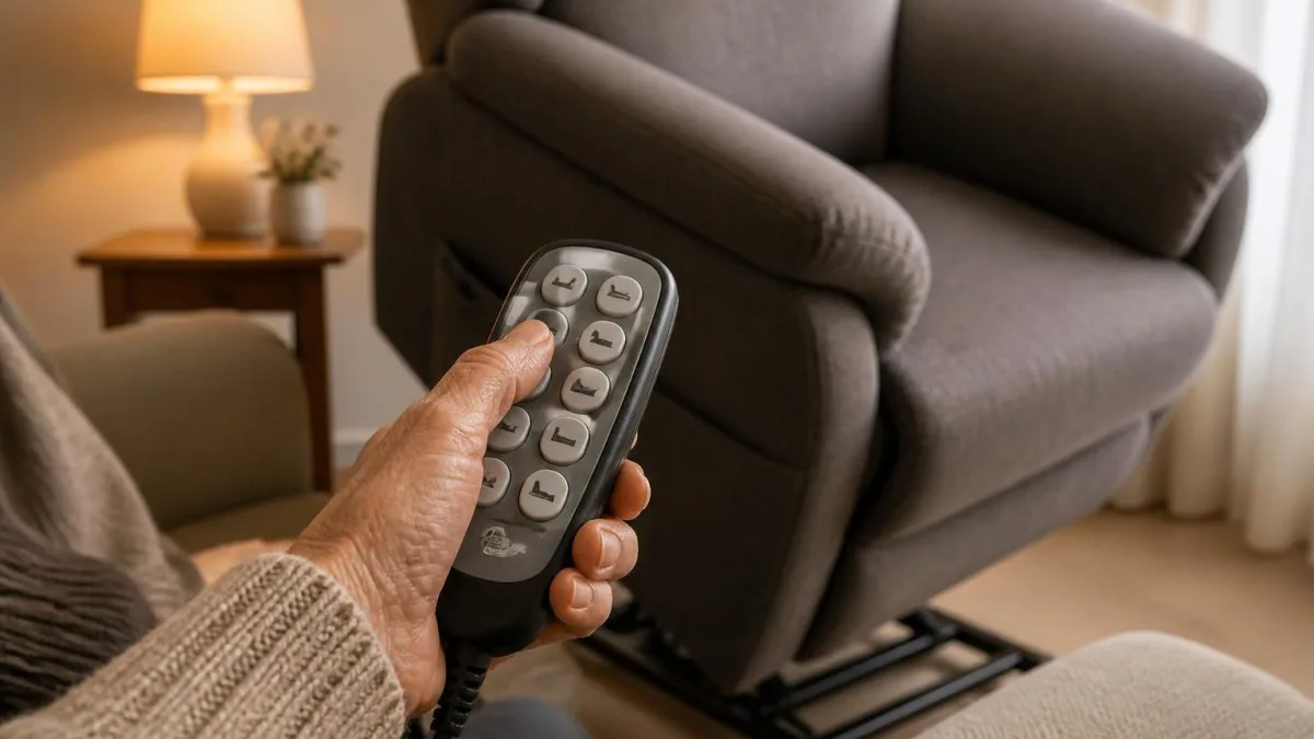 Hand hält große Fernbedienung eines Relaxsessels, Tasten deutlich sichtbar