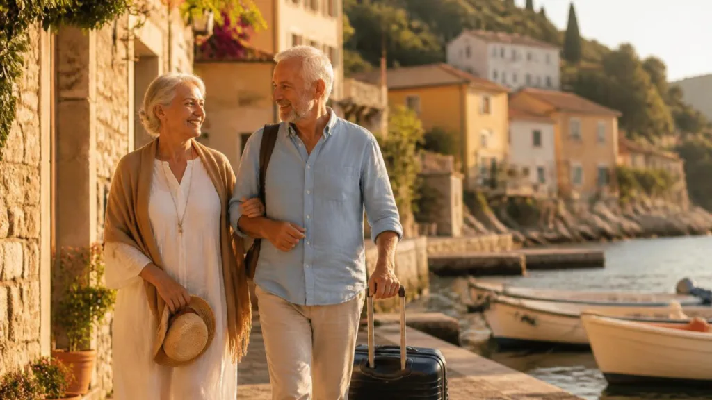 Älteres Paar an der Promenade eines italienischen Küstendorfes bei Sonnenuntergang