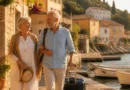 Älteres Paar an der Promenade eines italienischen Küstendorfes bei Sonnenuntergang