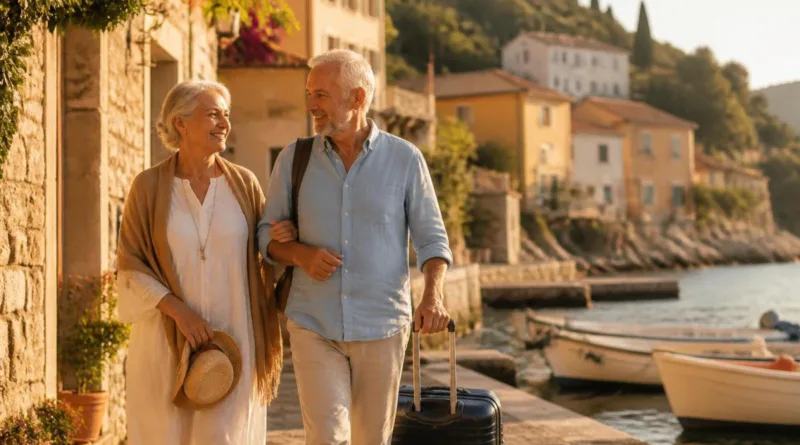 Älteres Paar an der Promenade eines italienischen Küstendorfes bei Sonnenuntergang