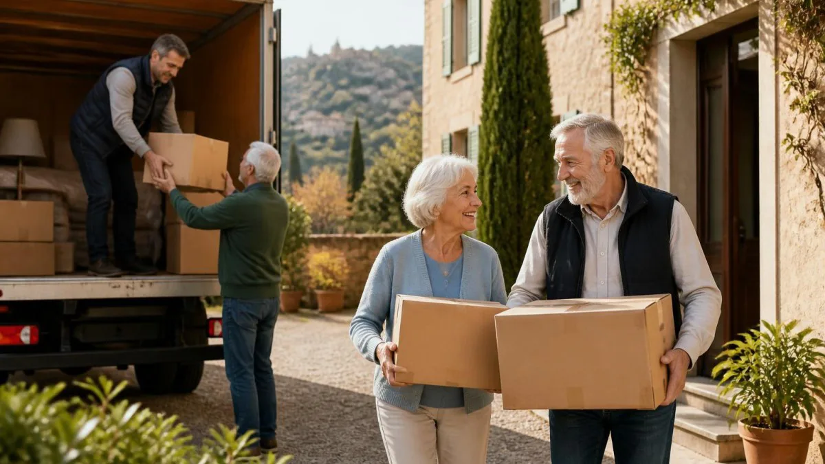 Umzugs-LKW und Kartons beim Einladen vor einem italienischen Haus