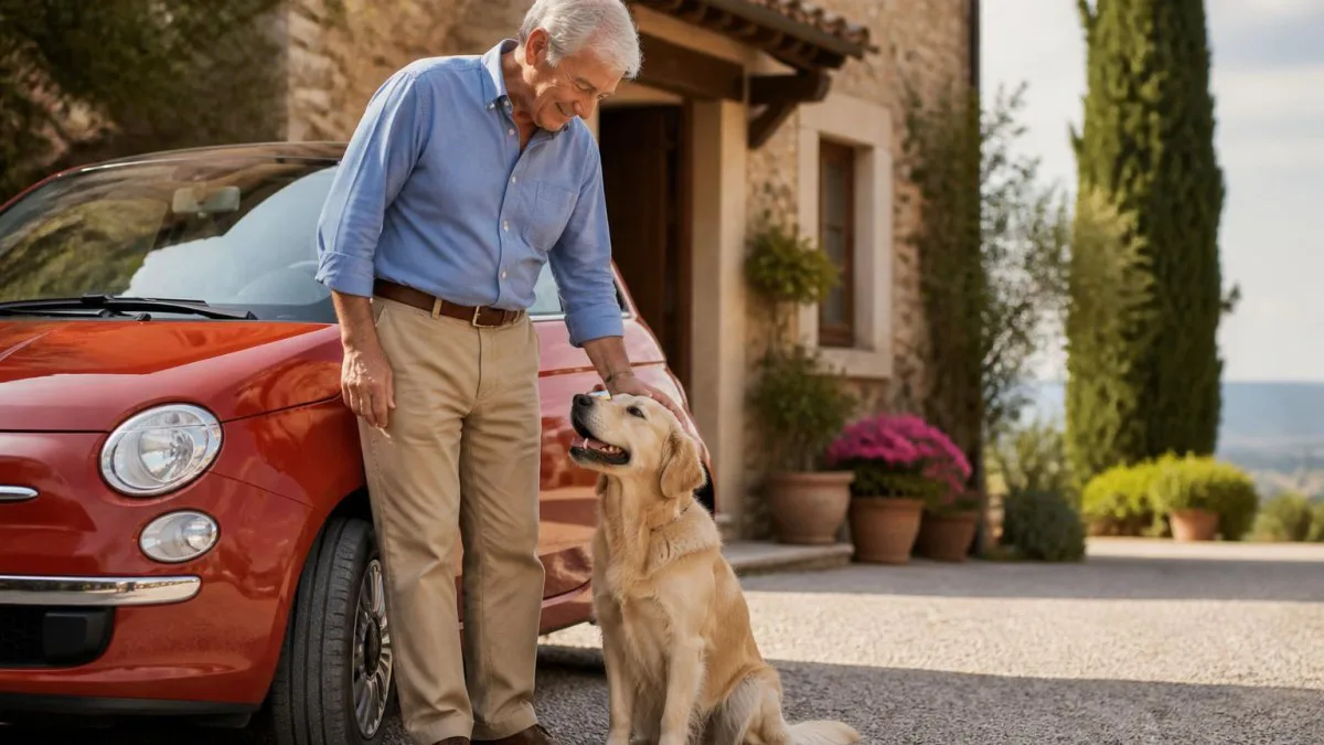 Senior mit Hund vor typisch italienischem Haus