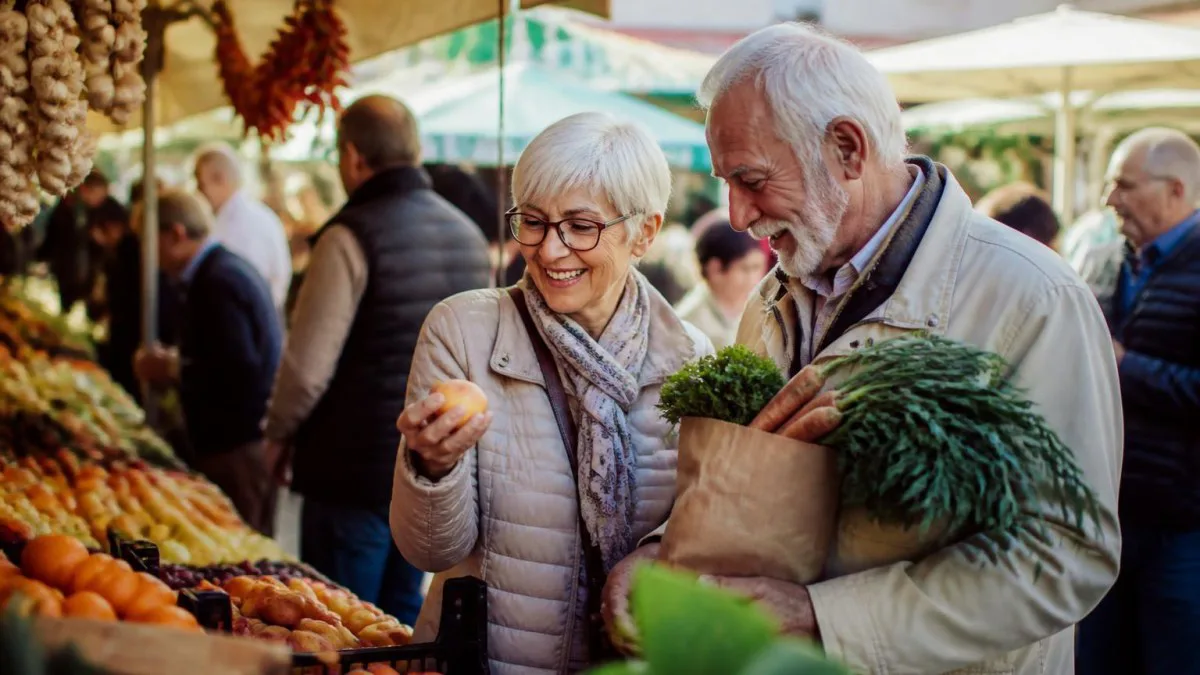 Senioren beim Einkaufen auf italienischem Wochenmarkt