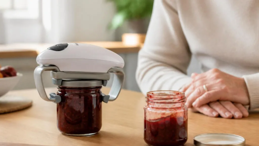 Elektrischer Glasöffner neben geöffnetem Marmeladenglas auf Küchentisch, entspanntes Ambiente