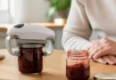 Elektrischer Glasöffner neben geöffnetem Marmeladenglas auf Küchentisch, entspanntes Ambiente