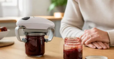 Elektrischer Glasöffner neben geöffnetem Marmeladenglas auf Küchentisch, entspanntes Ambiente
