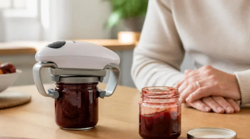 Elektrischer Glasöffner neben geöffnetem Marmeladenglas auf Küchentisch, entspanntes Ambiente