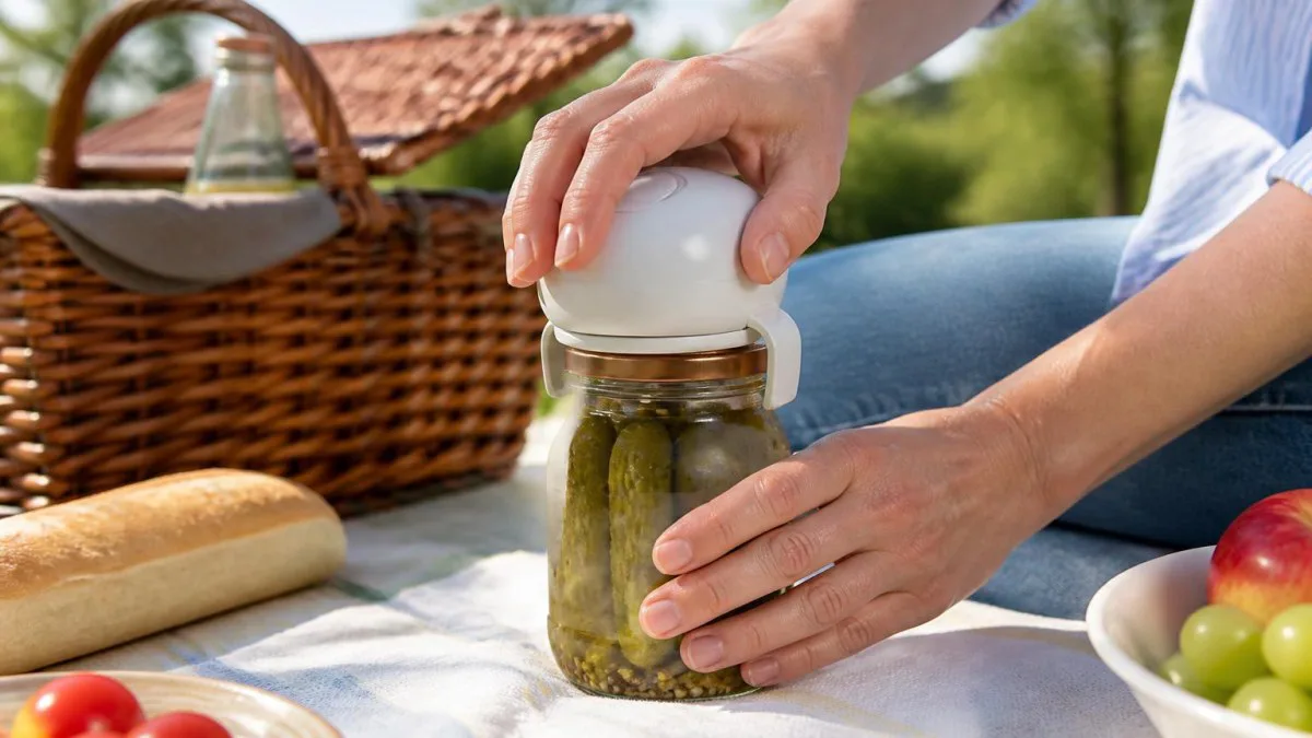 Kompakter Glasöffner auf Picknickdecke, für unterwegs geeignet