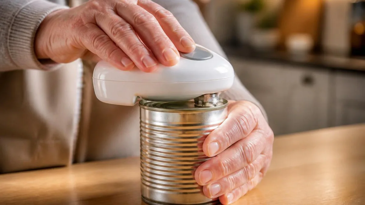 Hände setzen einen One‑Touch Elektroöffner auf eine Dose auf der Küchenarbeitsfläche