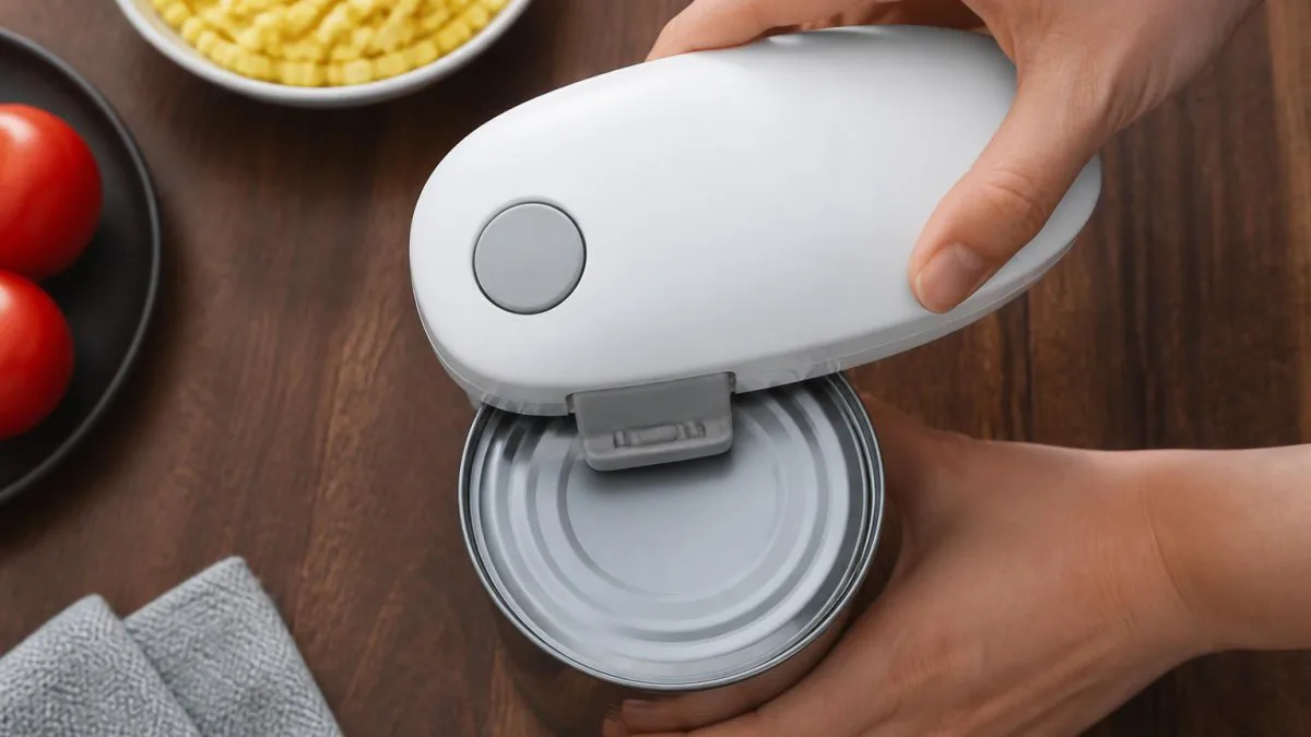 Aufsatzöffner klemmt automatisch auf einer Dose, Bedienknopf gut sichtbar