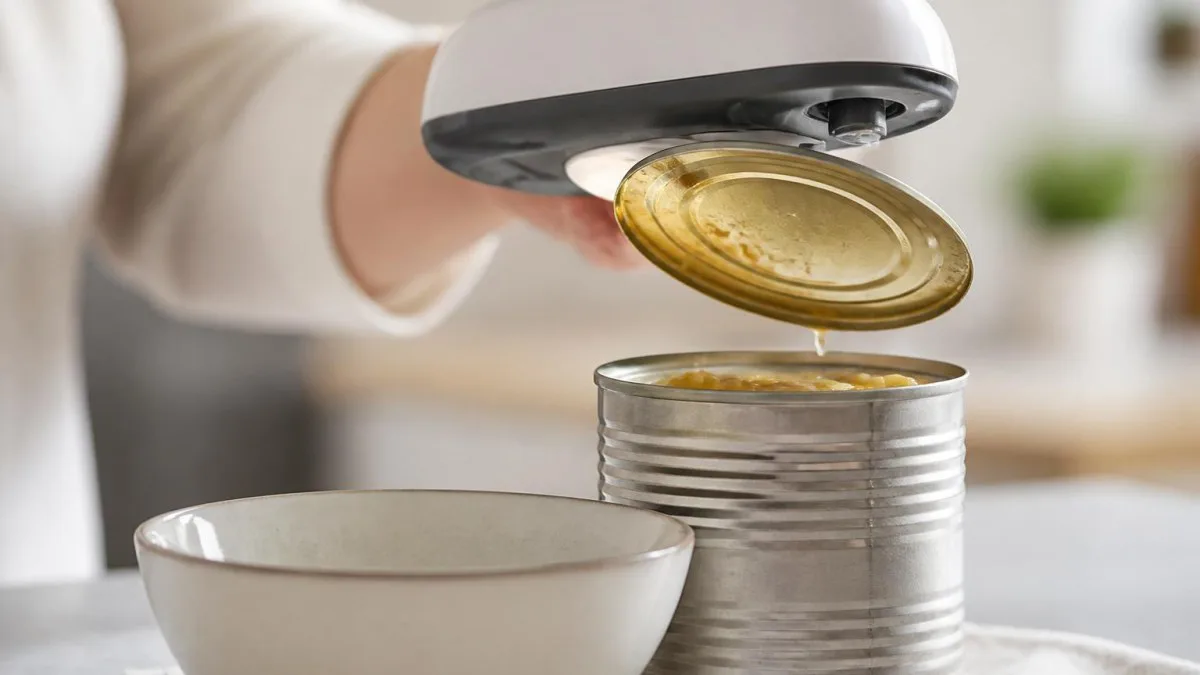 Magnetischer Deckelheber hält den geöffneten Deckel über einer Schüssel