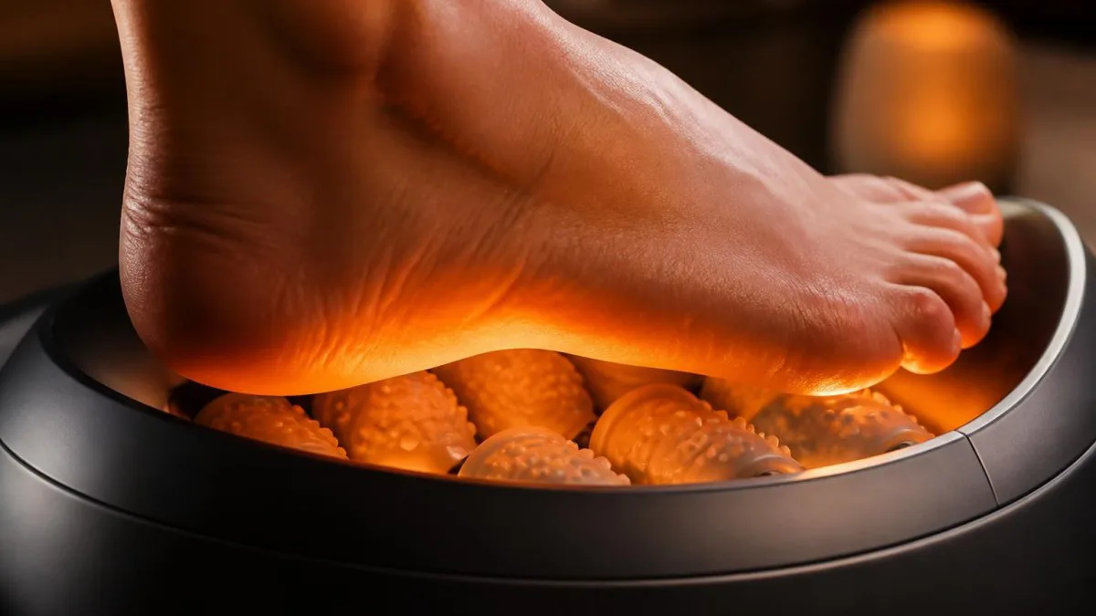 Detailaufnahme: Fußsohle in Kontakt mit Rollenmechanik eines Shiatsu-Fußmassagegeräts