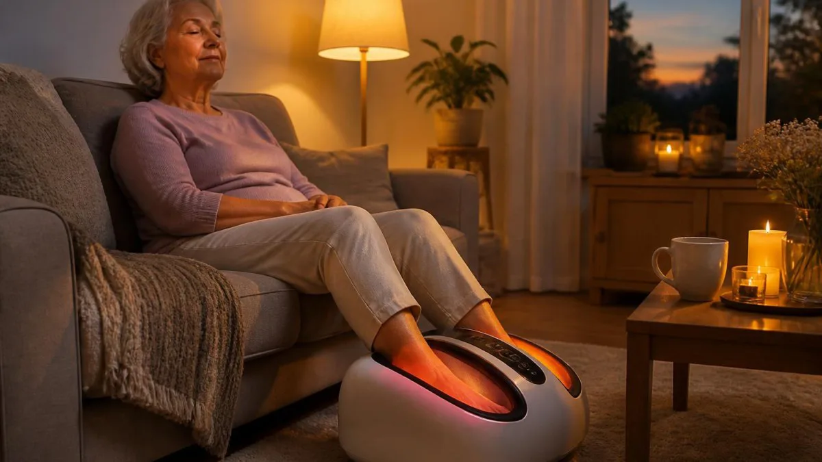 Seniorin entspannt mit hochgelegten Beinen und Fußmassagegerät im Einsatz im Wohnzimmer