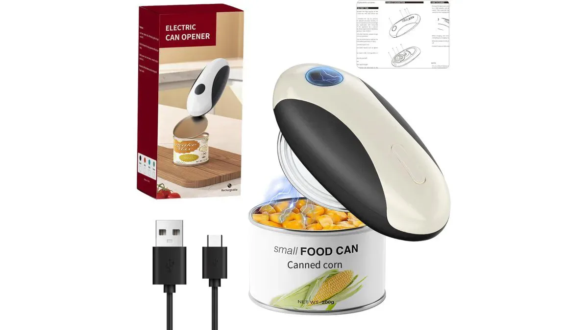 Pawfly öffner mit USB‑Ladeanschluss neben einer geöffneten Dose